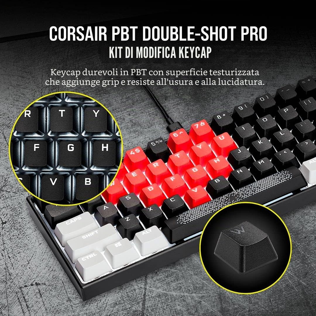 Corsair PBT Double-Shot Pro - Kit di modifica tasti PBT Double Shot, nero onice, fondo standard, superficie testurizzata, pareti spesse 1,5 mm, ammortizzatori con O-ring