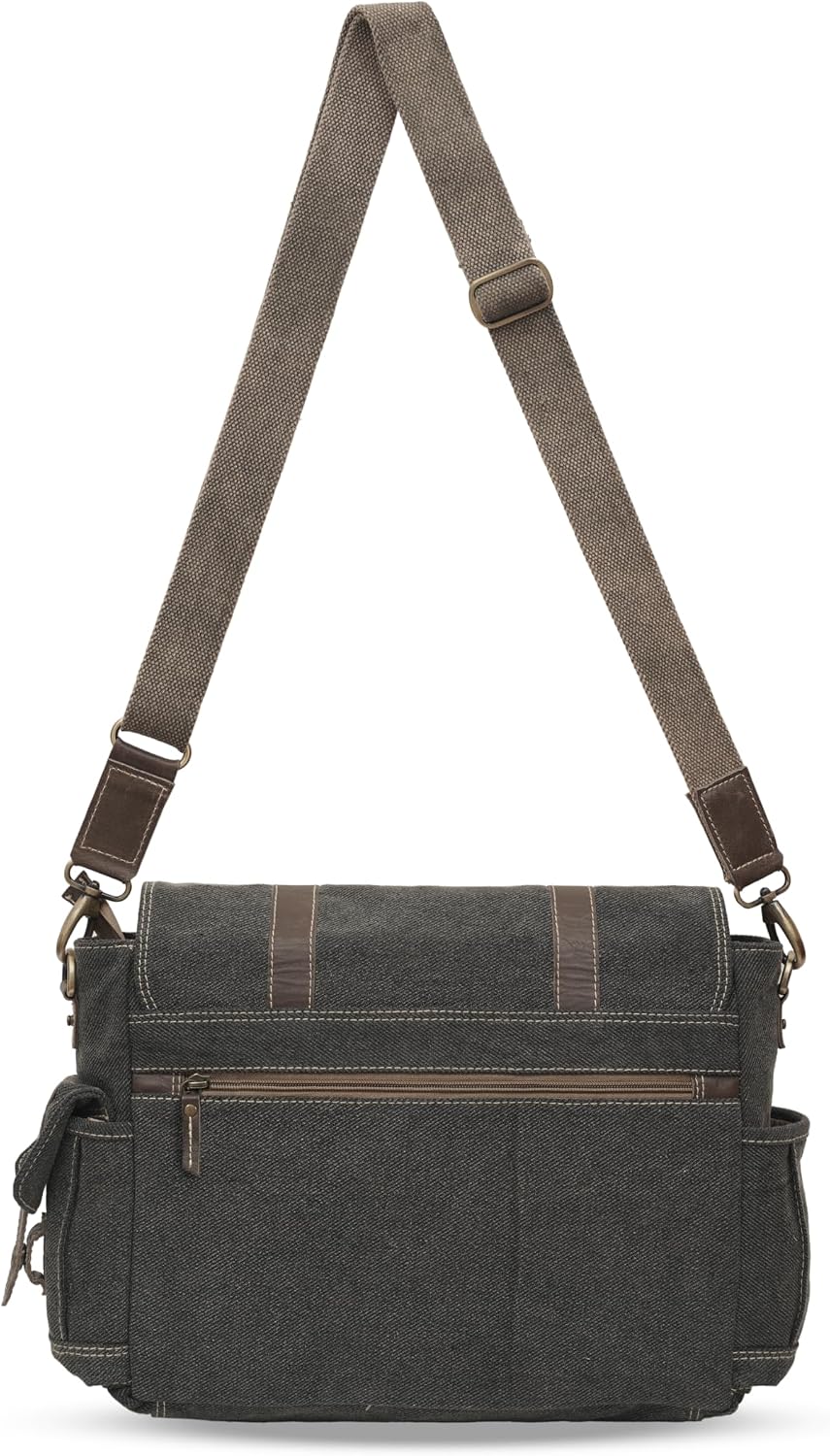 Easton Crossbody Messenger Bag | Denim Canvas Laptop Bag with Leather Accents | Multi Pocket Shoulder Bag