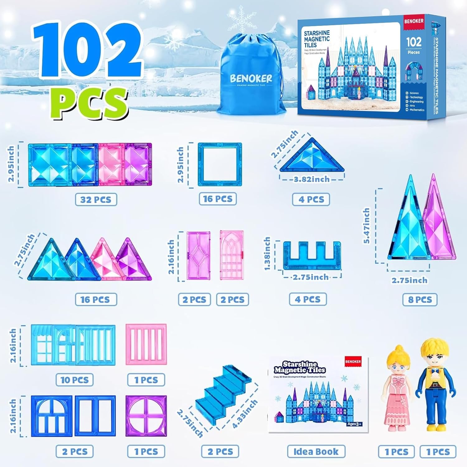 Frozen Castle Magnetic Tiles - 3D Diamond Building Blocks, STEM Educational Kids Toys for Pretend Play, 3 4 5 6 7 8 Year Old Girl Birthday Gifts for Your Princess and Prince