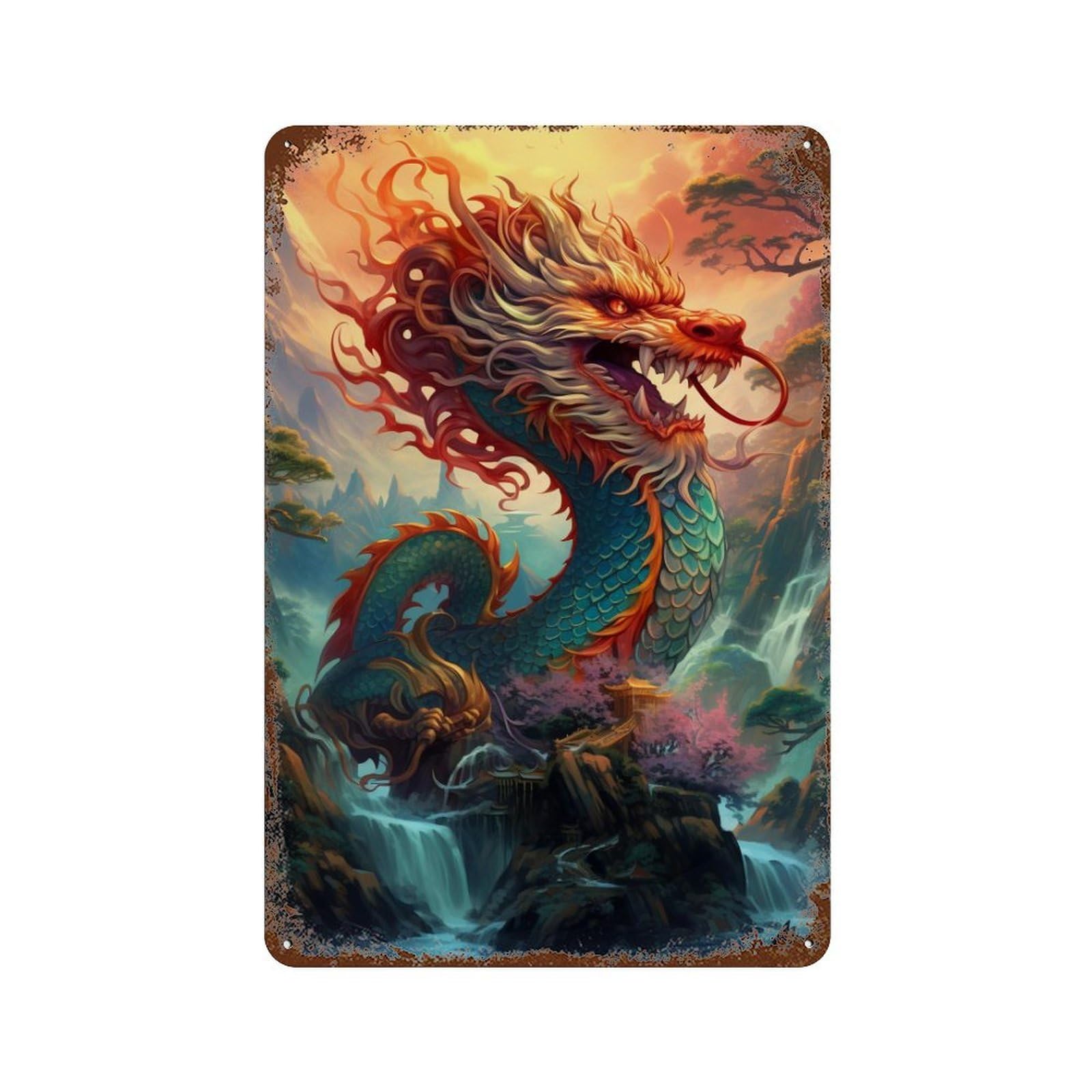 Rust Effect Tin Sign Chinese Dragon Waterfall Landscape 11.8"x7.9", Vintage Wall Decor for Living Room, Hallway And Home Decor