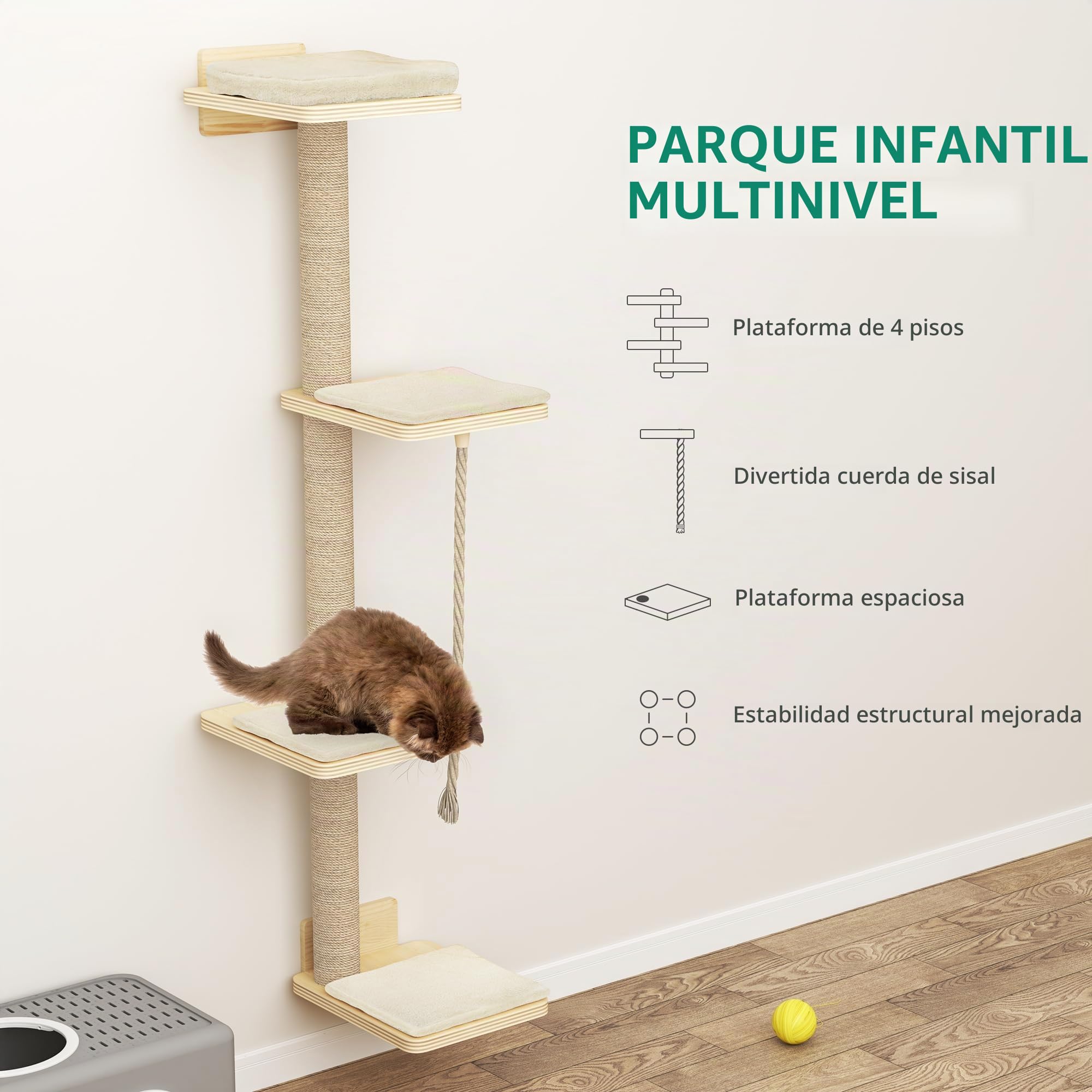 YITAHOME 7PCS Estante de Escalada para Gatos Montado en La Pared con 3 Postes Rascadores/Escaleras de 4 Escalones/Hamaca/Cama para Gatos, Árbol para Gatos Montado en La Pared con 4 Plataformas