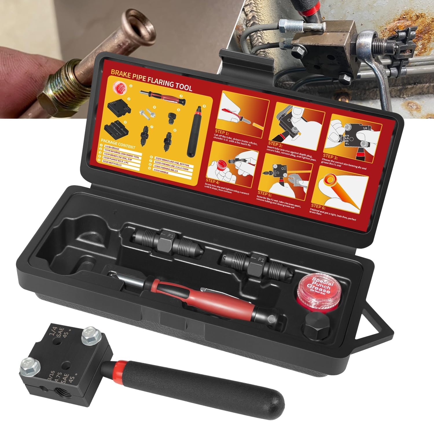 Low Profile Brake Line Single/Double Flaring Tool with Case 33260 for Creating Single or Double Flares on 3/16" / 4.75mm and 1/4" Tubing
