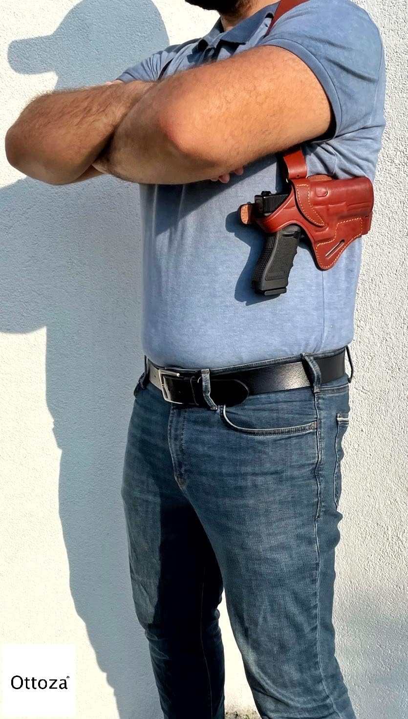 Ottoza Handmade Leather Shoulder Holster Compatible with Glock 19/19X/17/23 Right Handed Glock 17 - Glock 19 Shoulder Holster Leather - Dual Usage Shoulder + Belt 301