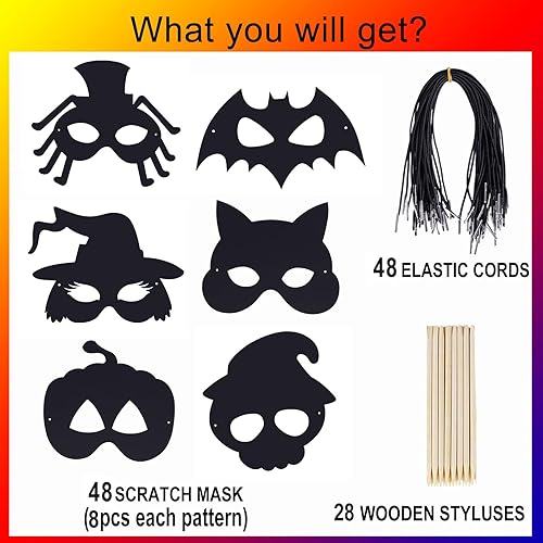 Miniatura 10 de Max Fun 36 máscaras de Halloween para arañar, kit de manualidades para niños, cumpleaños, cosplay, decoración de aula, papel mágico para rascar,