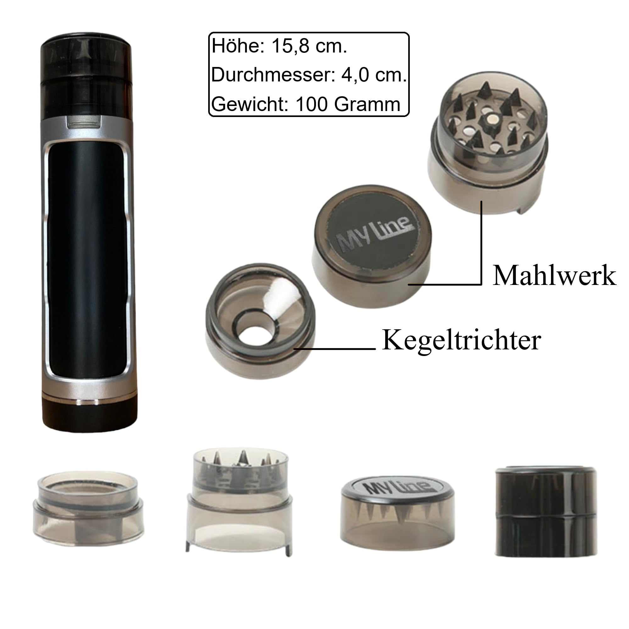 My Line Grinder mit geruchsneutraler Joint Aufbewahrung - Crusher für Kräuter,Tabak,Gewürz - Kräutermühle mit Joint Befüllung - Joint Zubehör- inklusive Reinigungsset (Silber)