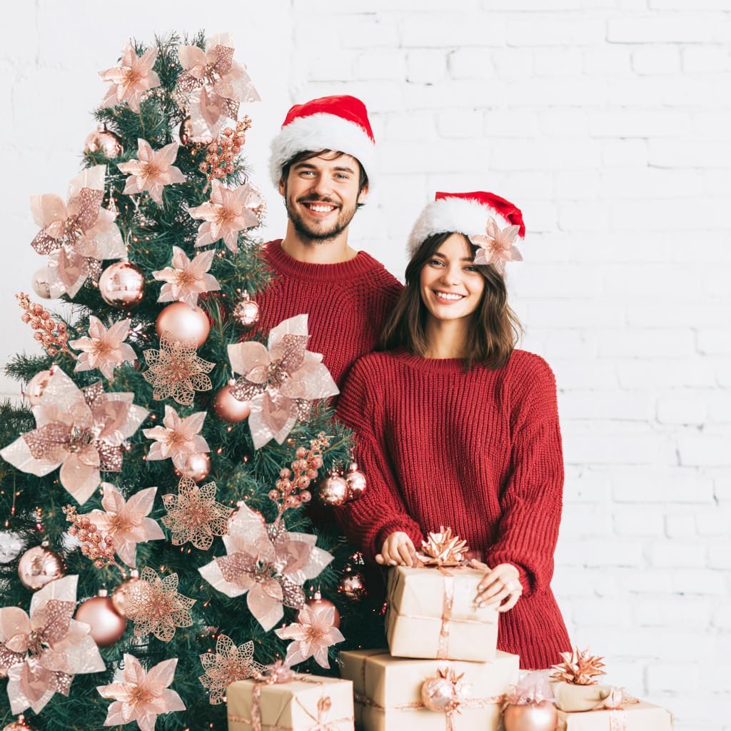 KEPATO 48PCS Christmas Tree Decorations Set, Rose Gold Christmas Ornaments Set Includes Ball, Artificial Poinsettia Flowers and Berries, for Xmas Tree Decor (Rose Gold)