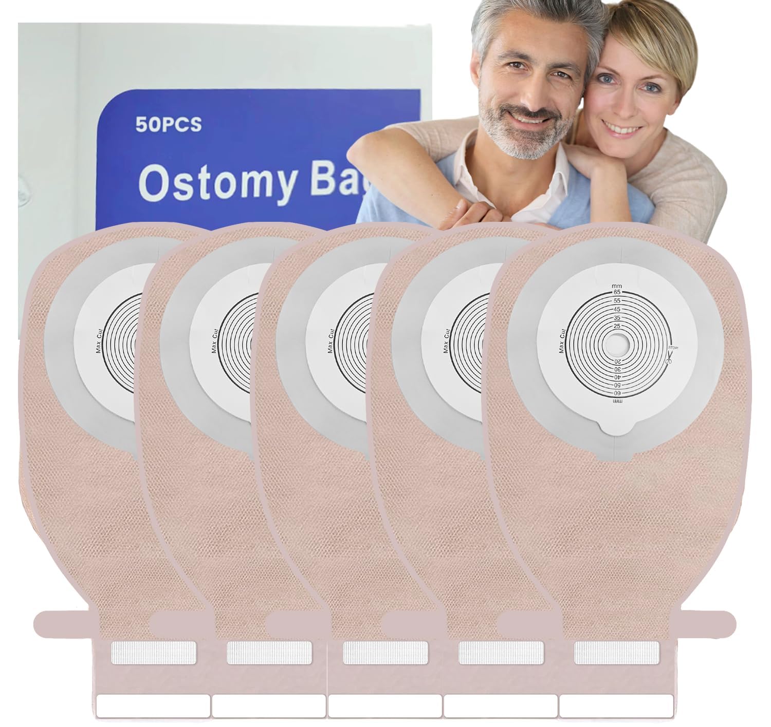 50 PCS Colostomy Bags, 15mm-65mm Ostomy Supplies, One-Piece Drainable Pouch for Lleostomy Stoma Care, Cut-to-Fit