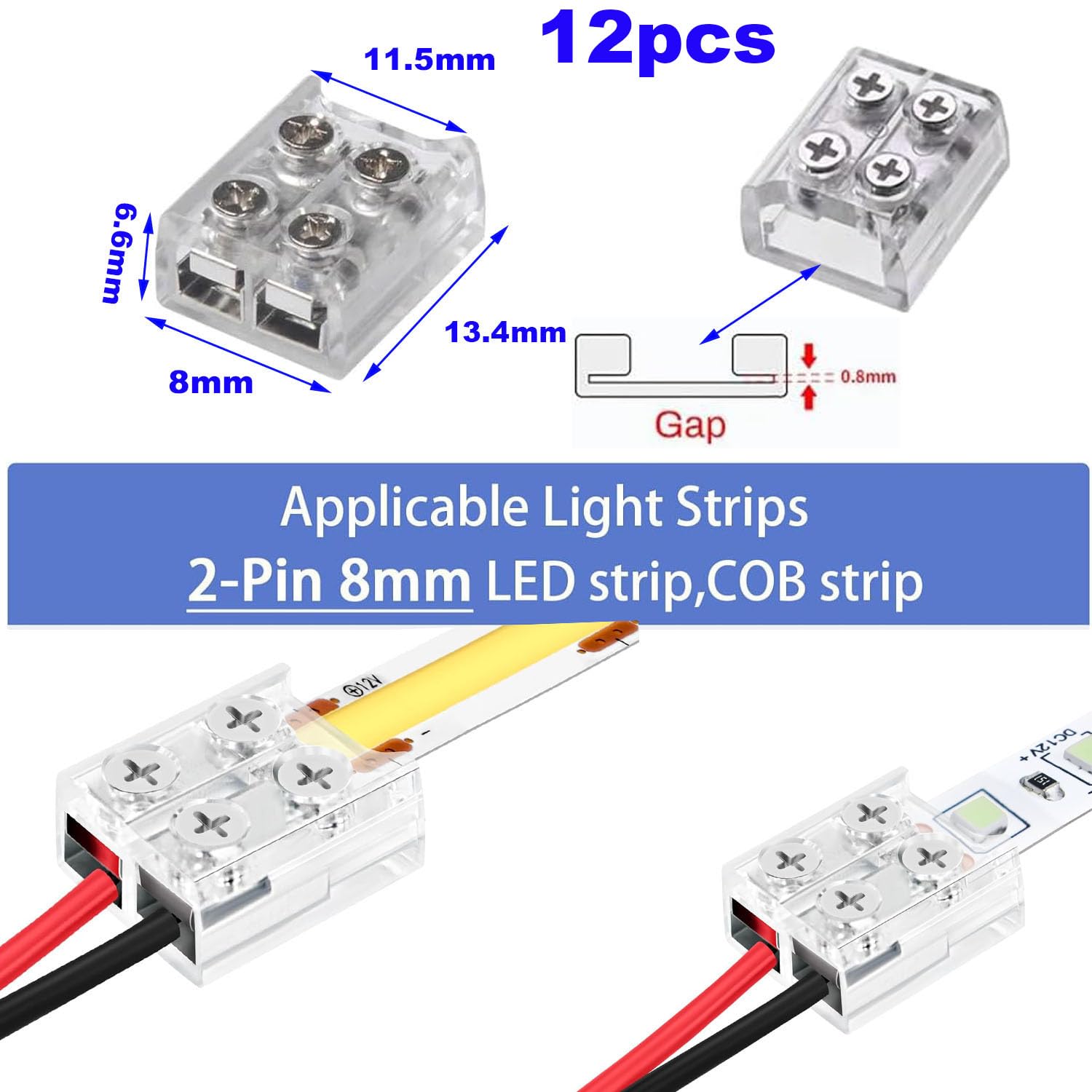 RUNCCI-YUN 12Pack led Light Strips Connectors 8mm 2 Pin Solderless Transparent 5V 12V 24V LED Tape Light Connectors - Image 2