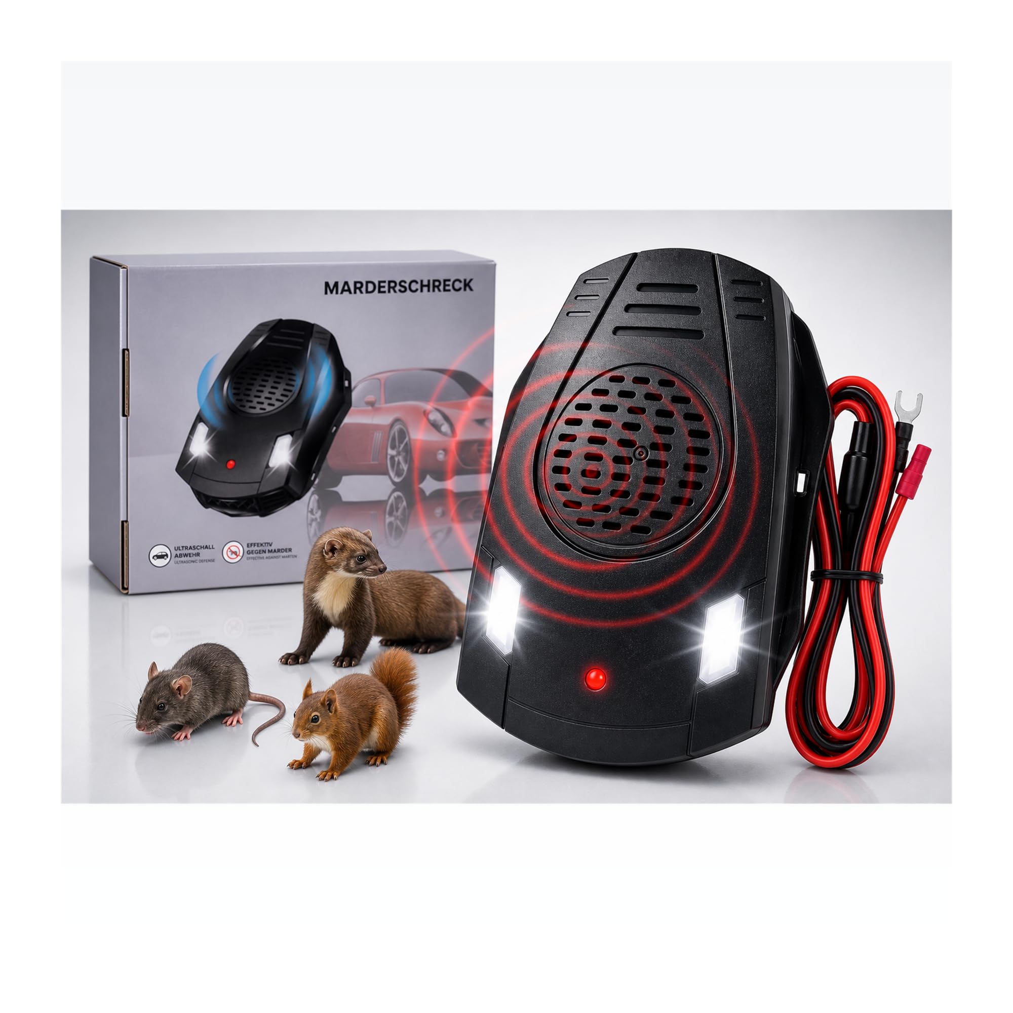 Ultraschall Marderabwehr für Auto Motorraum, Autobatteriebetriebene Marderabwehr im Ultraschall, Ultraschall 12V mit LED Blitzlicht Effektive Vertreibung gegen Mäuse: Hält Ratten und Mäuse von Autos