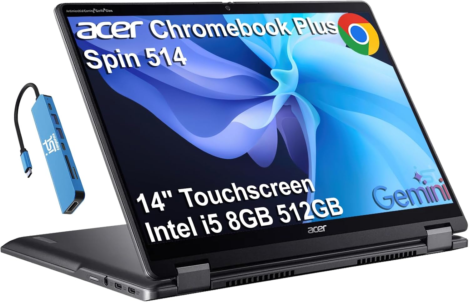 Chromebook Plus Spin 514, 14" 2-in-1, i5-1334U, 8GB DDR5, 512GB SSD | FHD+ Touchscreen, Laptop for Business & Home, Intel 10-Core, 1080p Webcam, Backlit KB, USB C HUB, Chrome OS w/Gemini AI