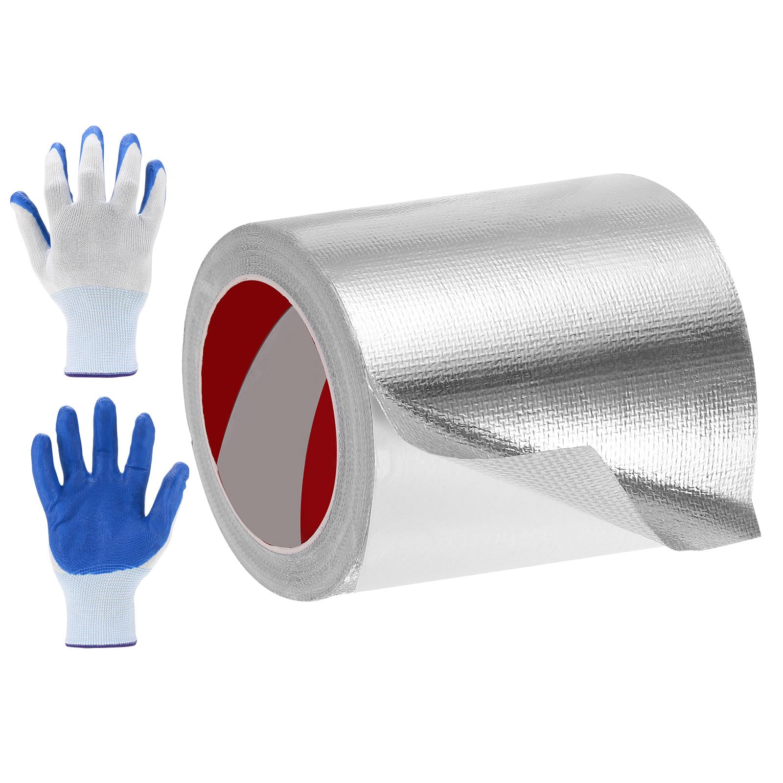 sourcing map 1 Pack Fiberglass Aluminum Foil Tape, 120mm x 20m Adhesive Aluminum Foil Heat Shield Tape Heat Resistant Sealing Tape High Temp Protection with Gloves for HVAC, Pipe, Auto