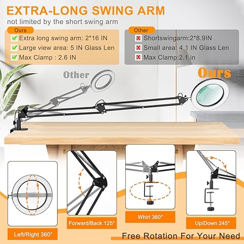 Miniatura 4 de Lupa grande de 10 veces con luz, lupa iluminada con soporte de cristal real de 5 pulgadas, 3 modos de color, lámpara de escritorio con lupa LED