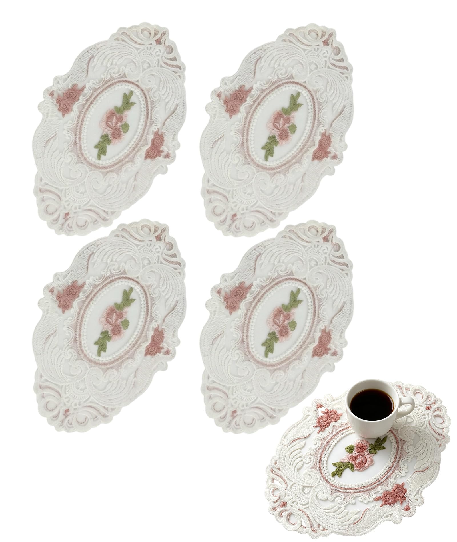 4-Piece Side Table Cover Set, Floral Embroidered Table Mat and Small Table Cloth, White Polyester Set of 4 Placemats for Nightstand and Coffee Table-image-1