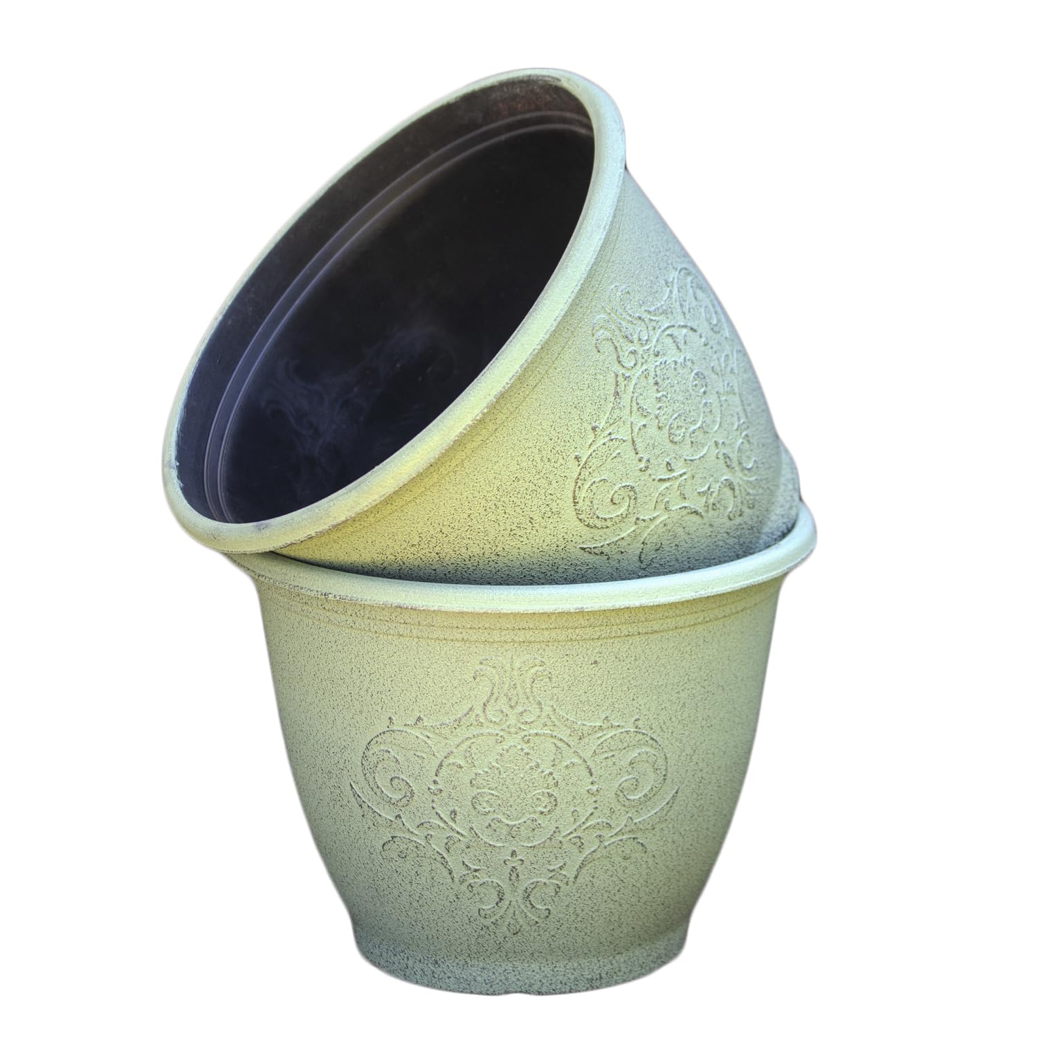 Darthome Patina Baroque Round Planter, Green, Plastic, 6L, Decorative Baroque Emblem, Distressed Finish, W25cm x H20cm (2)