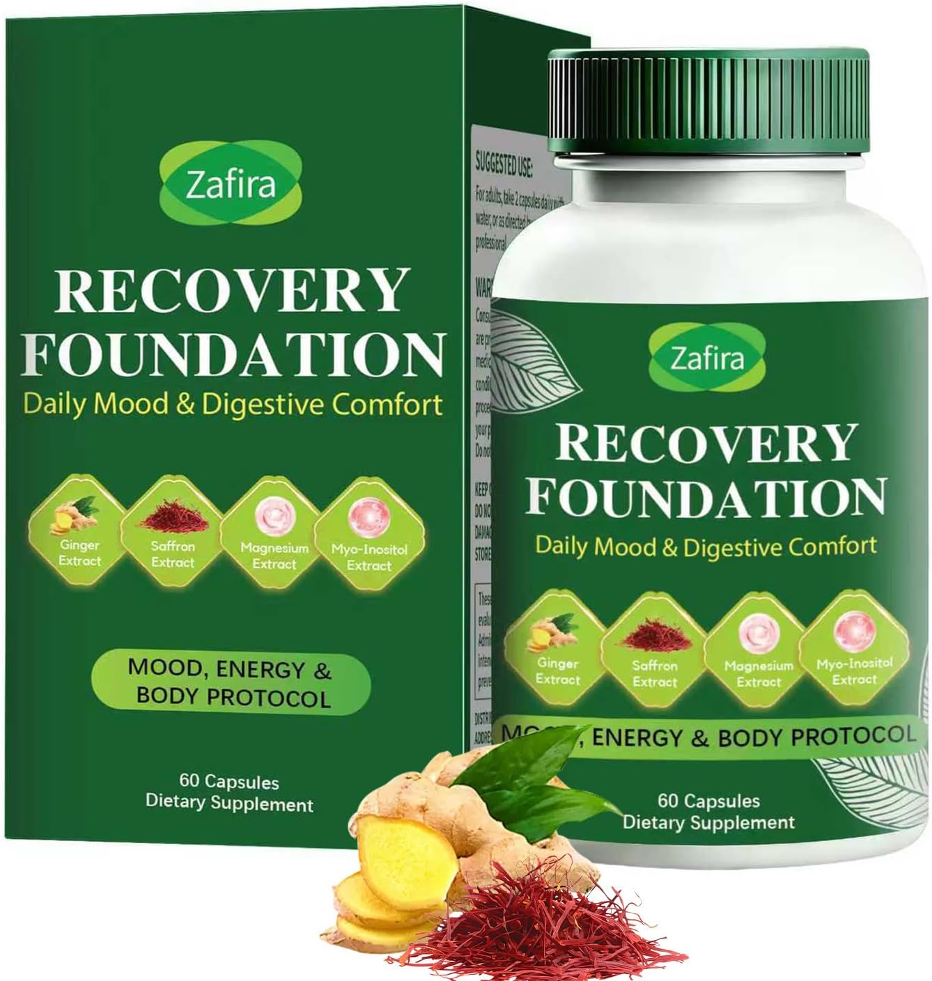 Zafira Recovery Foundation Capsules – Clear Mental Fog, Reduce Hair Loss & Boost Digestion | Clinically Tested Saffron & Inositol Formula, Non-GMO, 60 Count