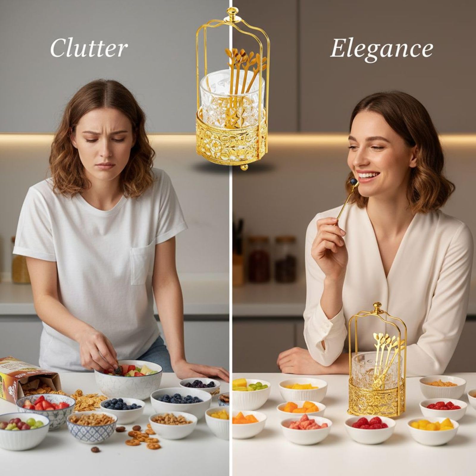 Pot à couverts avec 6 fourchettes à fruits dorées, support lune et étoile, pot en acier inoxydable, fourchettes à dessert, poignée en alliage, cuillères à café réutilisables pour maison et fête