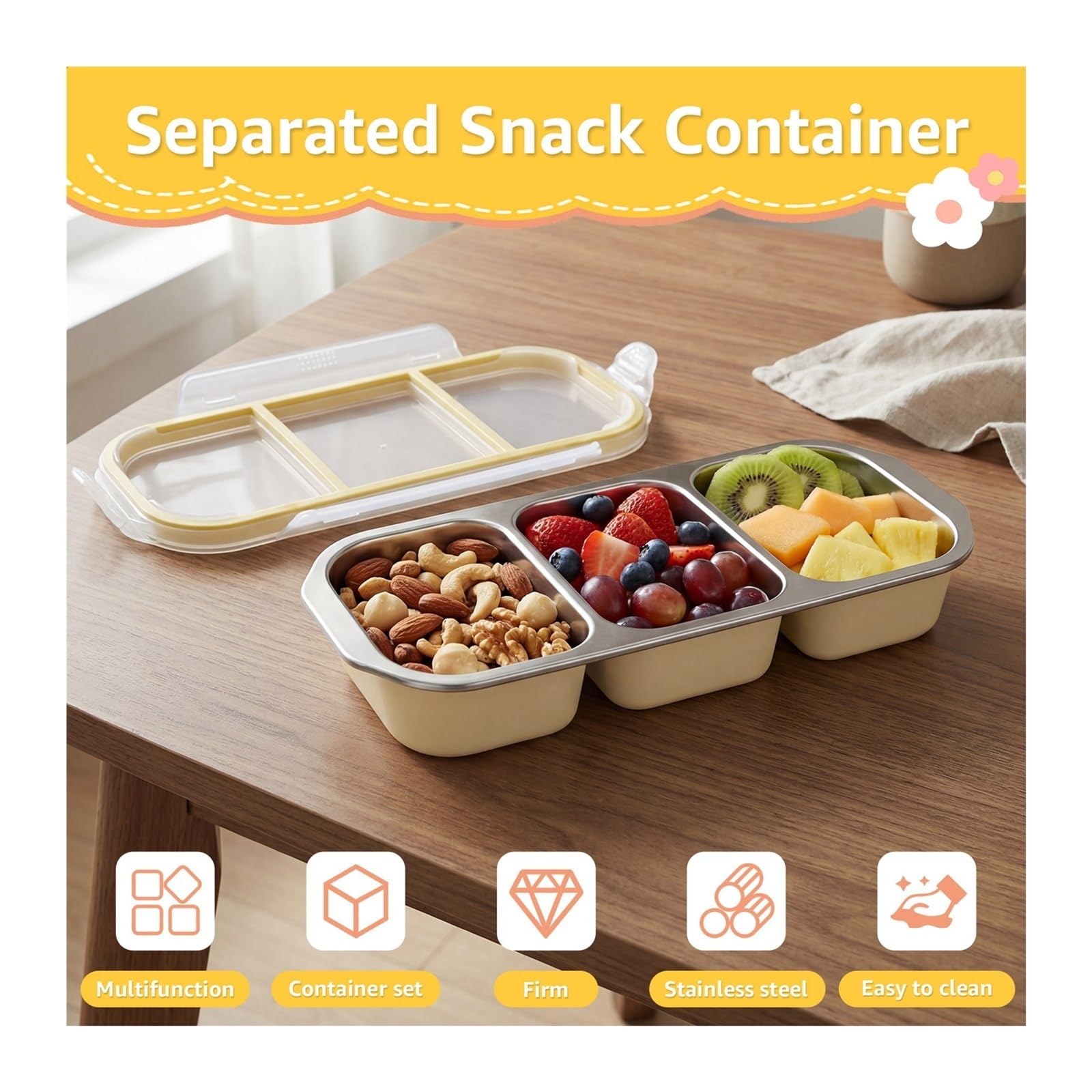 Petite boîte à déjeuner en acier inoxydable, conteneurs de collation, empilables, réutilisables, conteneur stockage des aliments for pique-nique domicile et au bureau, 2 pièces pour Collations(Yellow)