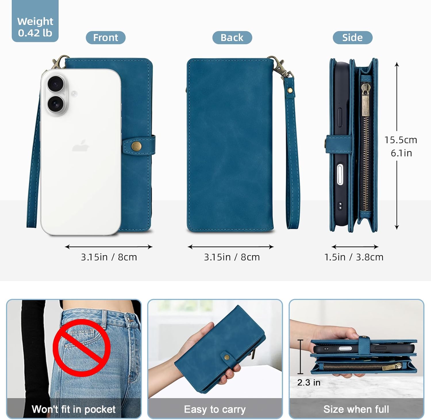 TwoHead Wallet Case Compatible with iPhone 17,Detachable,Magnetic,11 Cards Holder,PU Leather All-Round Protective Phone Case with Change Pocket(6.3 in,Navy Blue)