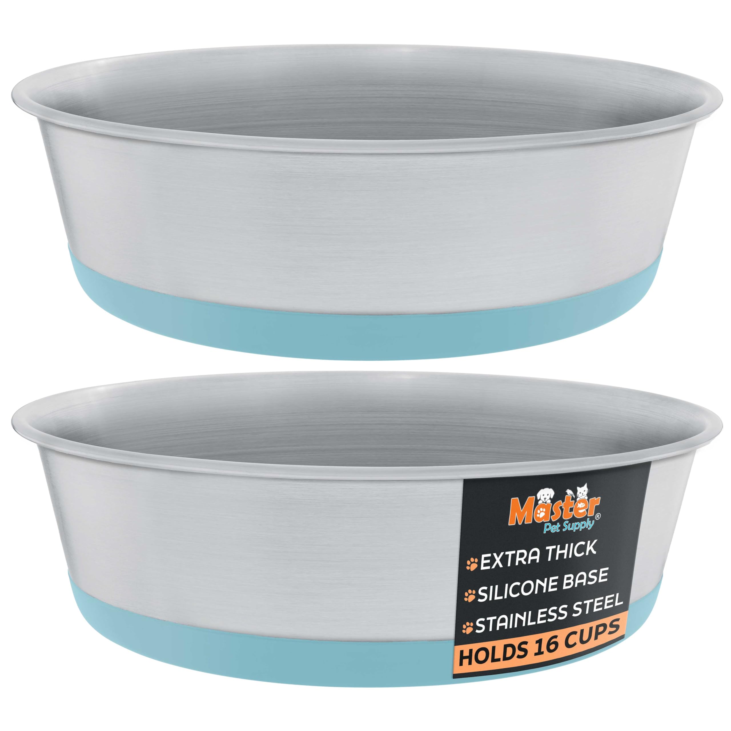 Master Pet Supply Stainless Steel Dog Bowls Set of 2 with Extra Thick Silicone Base - 16 Cup (128 oz) Aqua Sky, Non-Slip, Dishwasher Safe Metal Bowls, Pet Dog Food Bowl for Dogs, Cats, Anti Rust