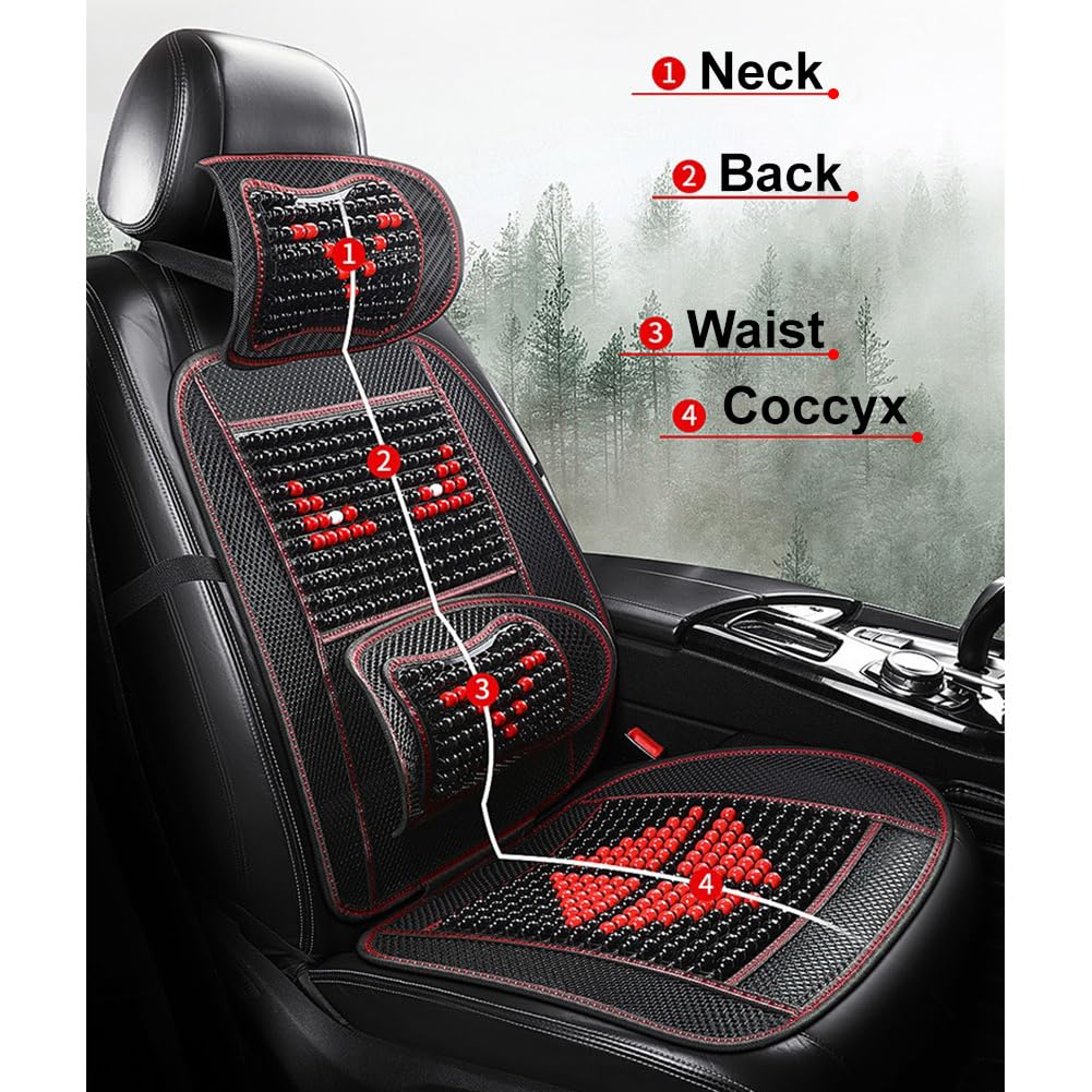 Cojín de Asiento de Masaje Transpirable y Fresco para Verano, cojín de Asiento de Coche con Cuentas de Madera, Reposacabezas Negro y Rojo