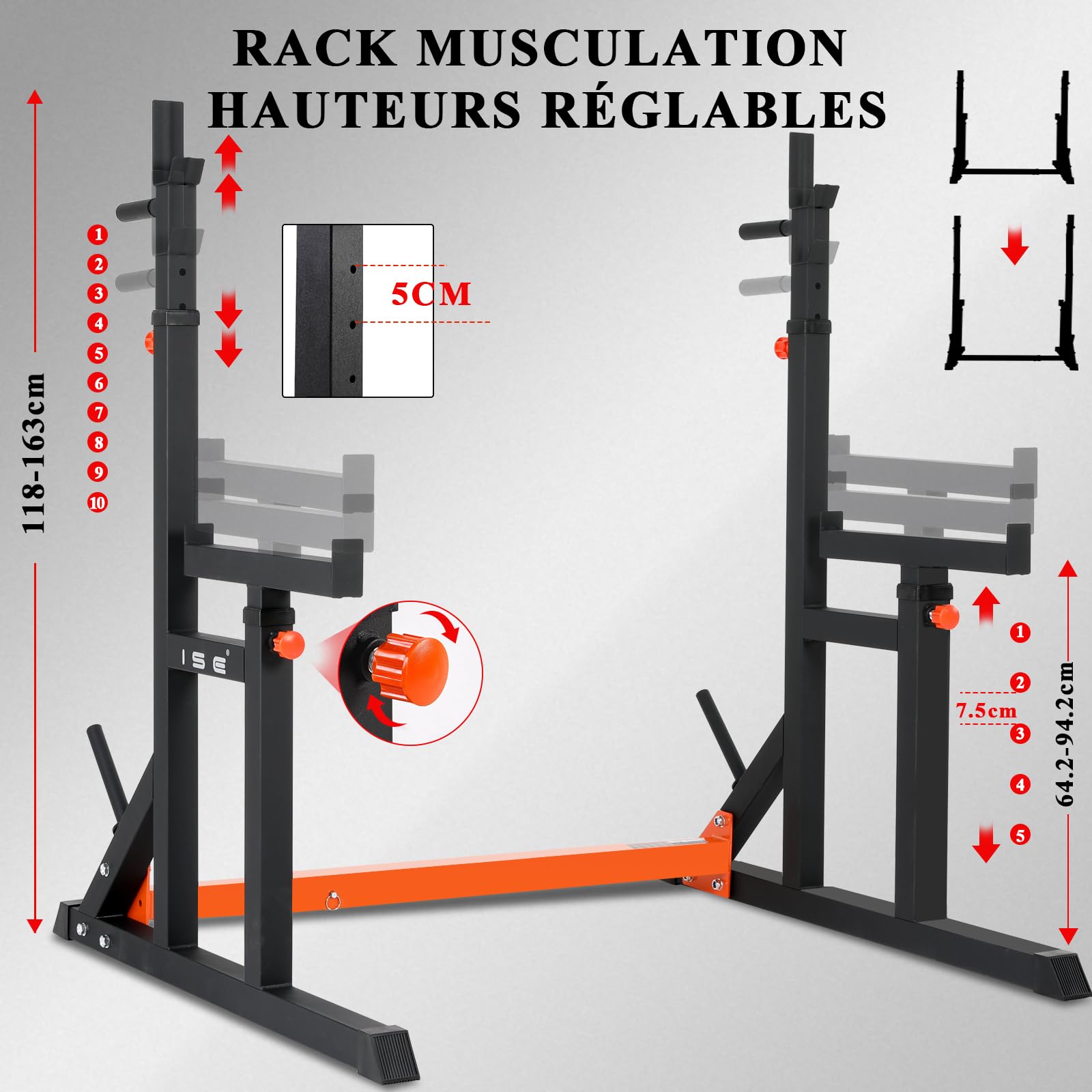 ISE Support Barre de Musculation Multifonction, Rack Squat avec Barres pour Haltères, Cage de Musculation en Acier, Rack Musculation Hauteur et Largeur Réglable, Cage Squat, Home Gym Noir et Rouge