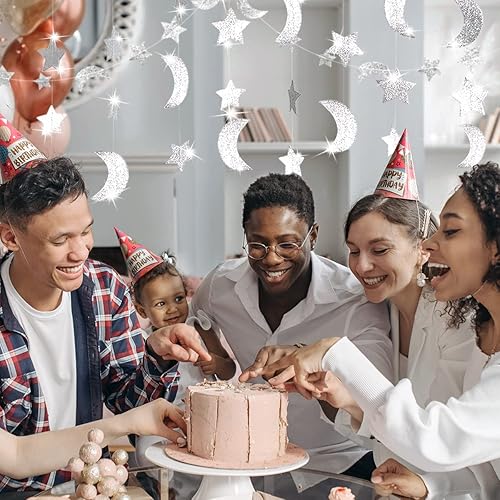 Miniatura 6 de Guirnalda de papel de estrella plateada con purpurina y luna media luna centelleante para baby shower niños cumpleaños aniversario boda compromiso