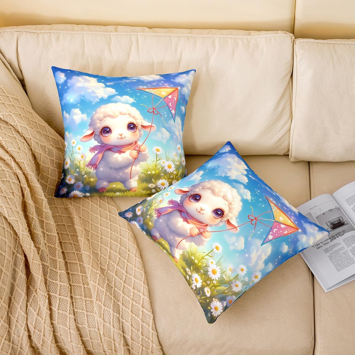 Homewish Lovely Sheep Kids Pillow Covers Cartoon Daisy Blue Sky White Clouds Cushion Cases for Kids Girls Teens Cute Animal Colorful Kite Spring Theme Cushion Covers for Party 16x16 Inch Set of 2