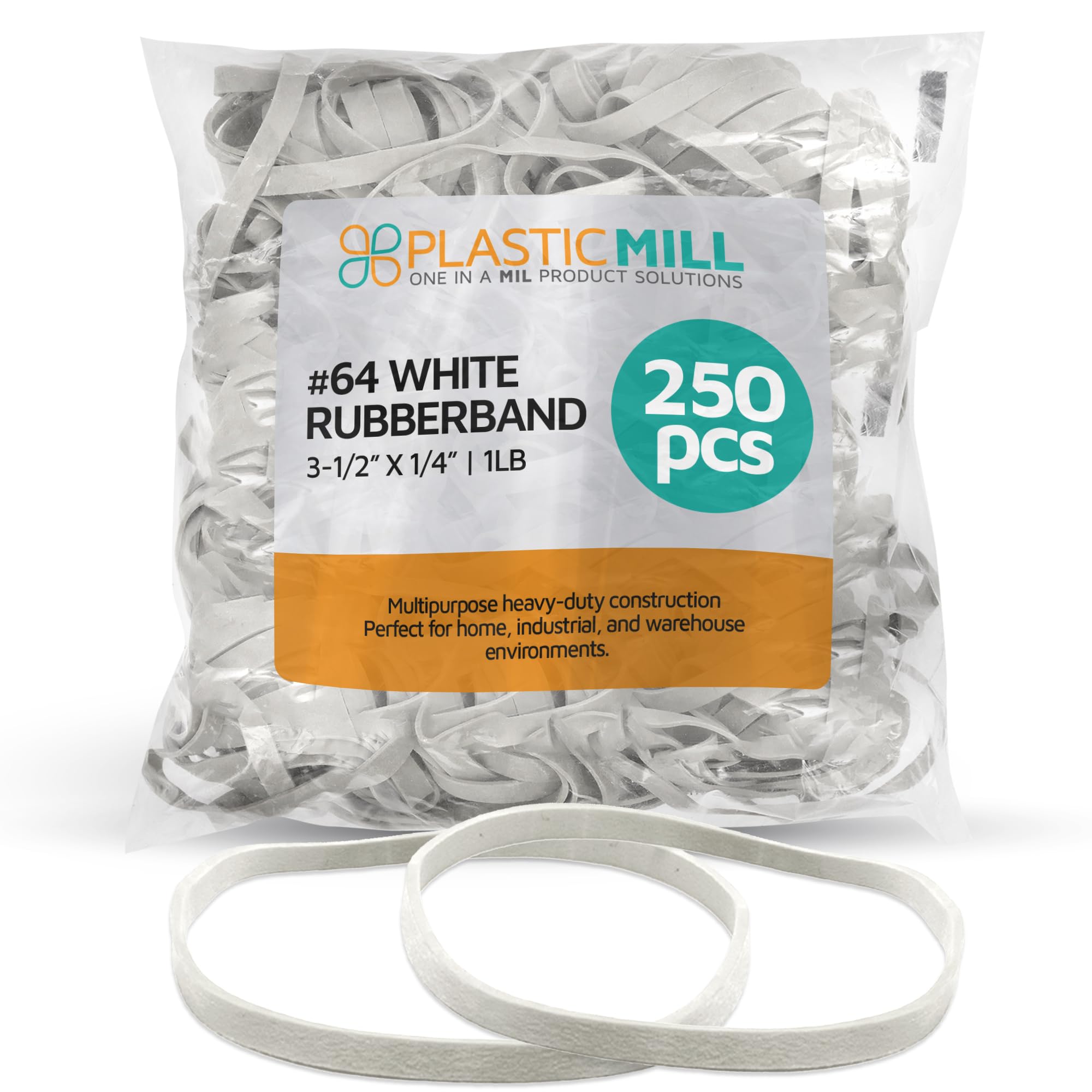 PlasticMill Rubber Bands - #64 Size - White Rubberbands - 1LB/250 Count