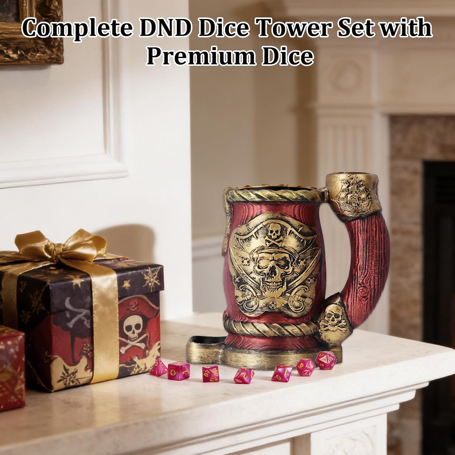 Dice Tower Mug Set-Dice Rolling Tower with 7-PCS polyhedral Dice Set, DND Accessories for Players, Perfect Medieval Tavern Style Gift for D&D Players and DMS (Barrel & Bones)