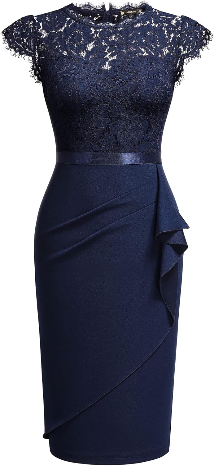 Miusol Women's Elegant Floral Lace Ruffle Design Cap Sleeve Cocktail Party Dress - Image 5