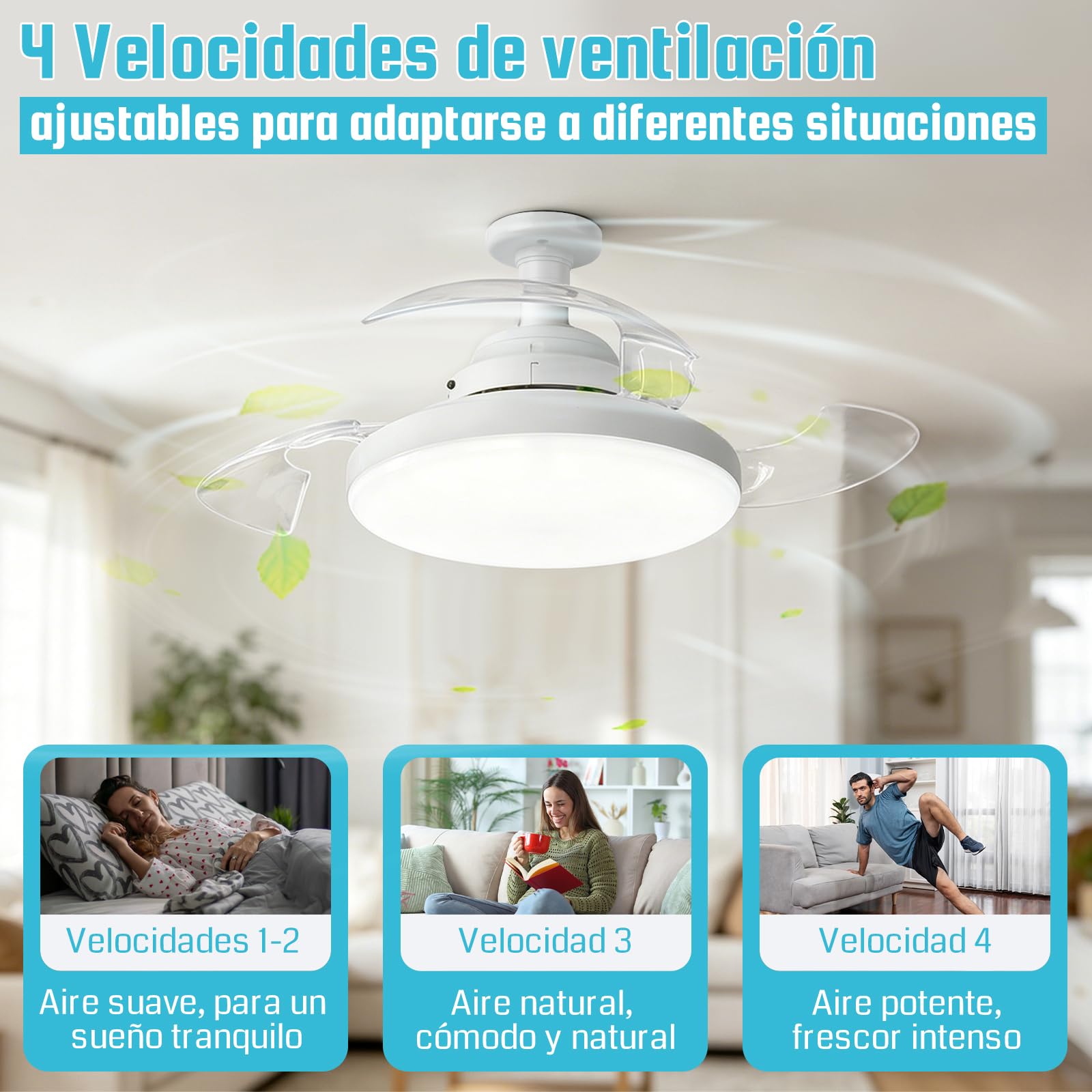 Ventilador de Techo con Luz, 40CM Pequeño Lampara Lampara Ventilador Techo, Asas ocultas, 4 Velocidades, E27, Silencioso, Regulación de la Intensidad, Abanico para Interior Dormitorio Sal (B)