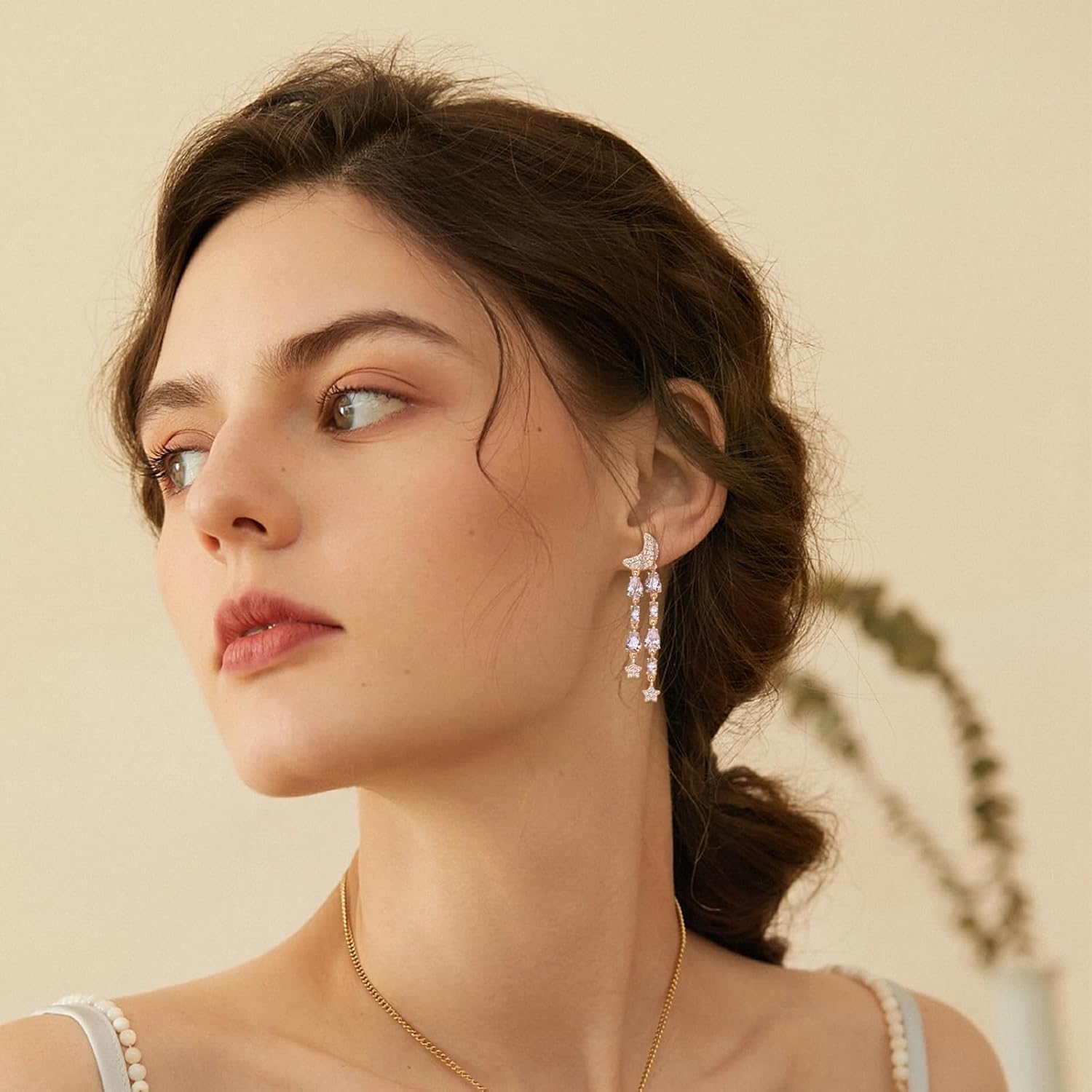 Crystal Teardrop Dangle Tassel Earrings for Women Wedding Earrings for Brides,Fancy Purple Green Cubic Zirconia Rhinestone Dangling Moon and Star Earrings for Prom Party - Image 2