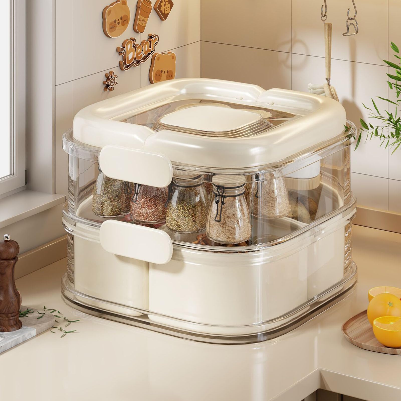 Scatola organizer da banco per condimenti, contenitore trasparente con coperchio, lati con fibbia, ordine dell'armadio, contenitore per condimenti per uso domestico, contenitore trasparente per