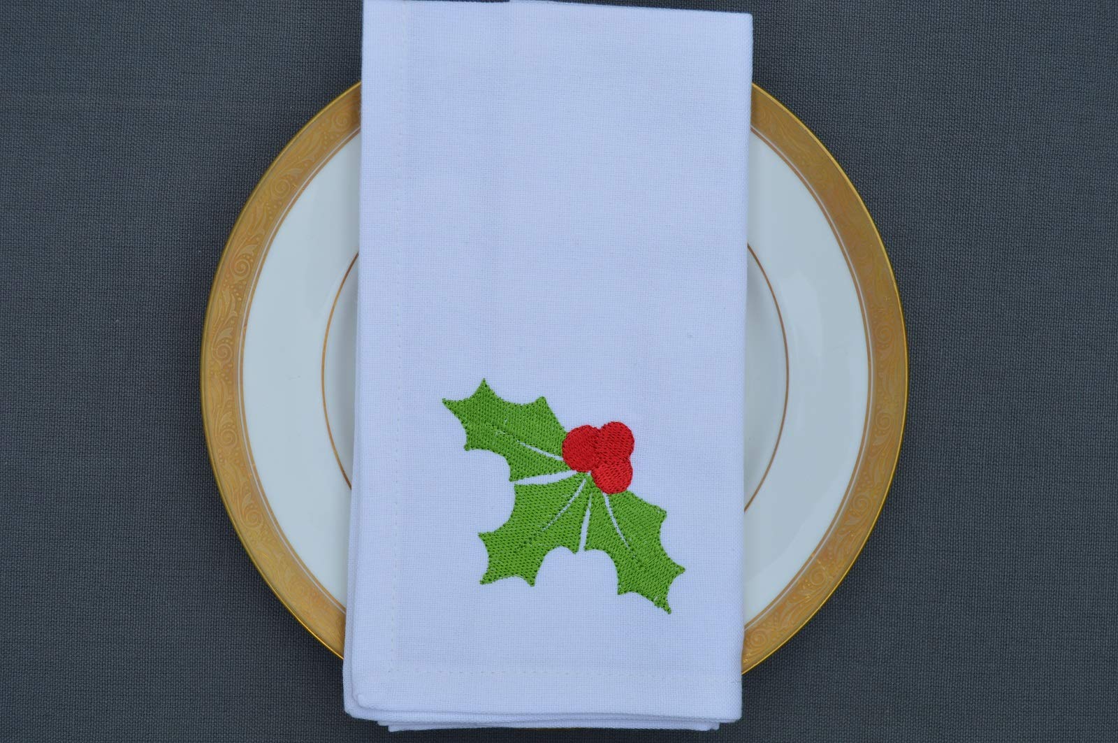 Quayside Home White Christmas Napkins, 100% Cotton With Emboidered Holly Motif, Pack Of 4