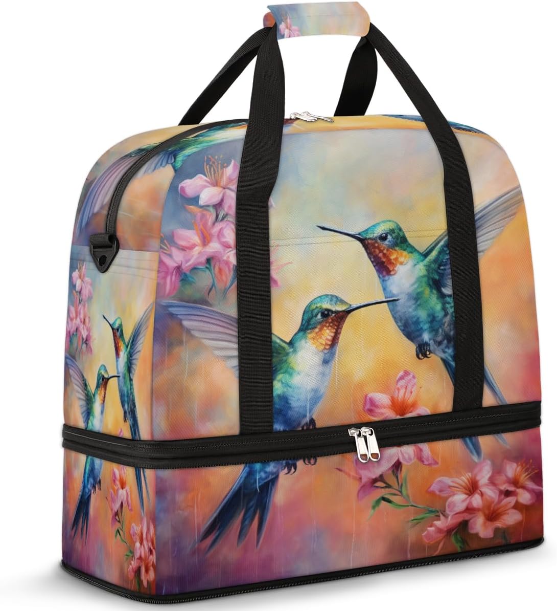 Foldable Travel Duffel Bag for Women, Hummingbird Flower Overnight Weekender Bag Carry on Duffel Bag Luggage Sports Gym Tote Bag with Shoes Compartment, Water Rresistant Shoulder Bag,A45