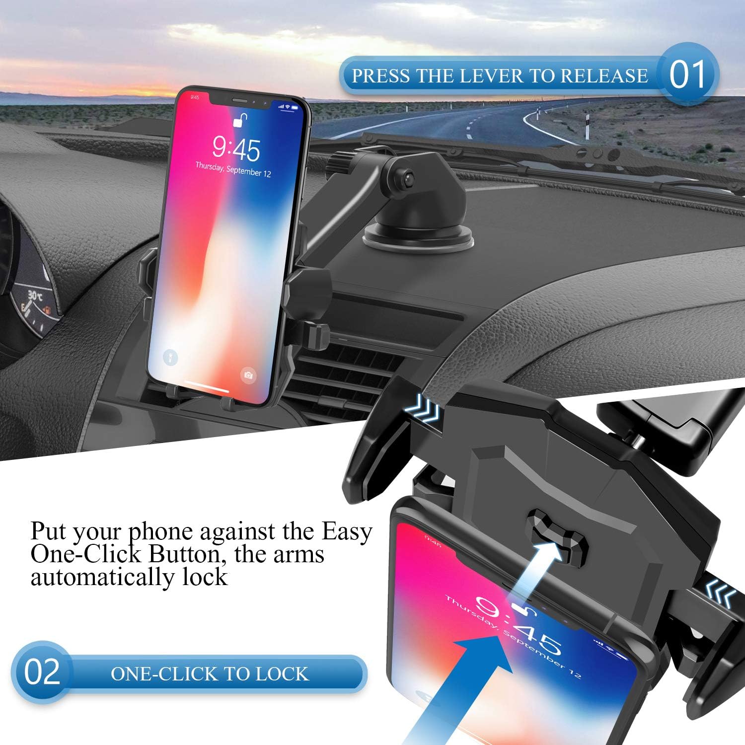 Manords Soporte de teléfono para salpicadero de coche compatible con todos los teléfonos móviles iPhone y Android, color negro