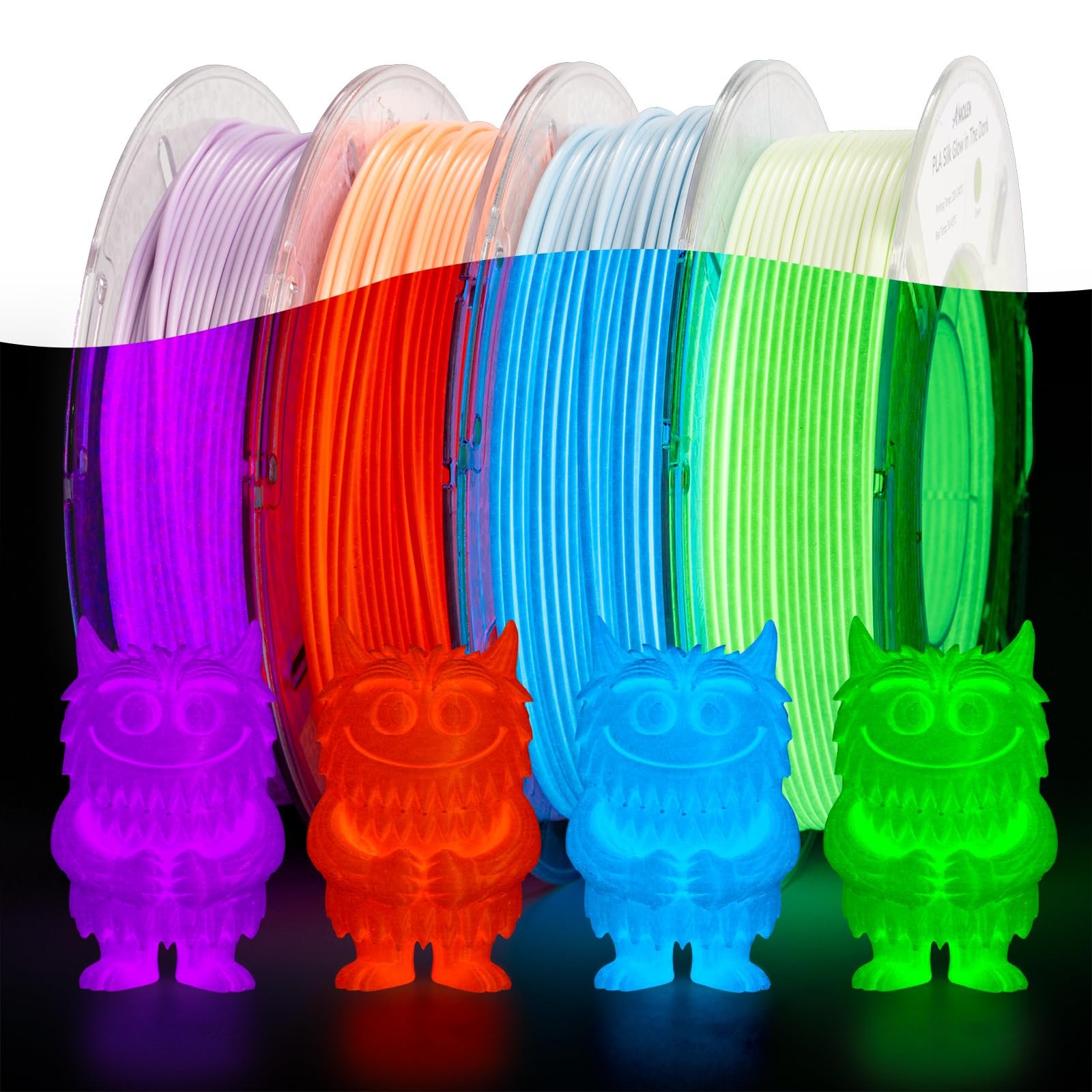 AMOLEN Silk Glow in the Dark Filament Multicolor, Glow Filament Silk Green, Blue, Purple, Orange Red 1.75mm PLA Filament, Dimensional Accuracy +/- 0.02 mm, 200g X 4 Pack