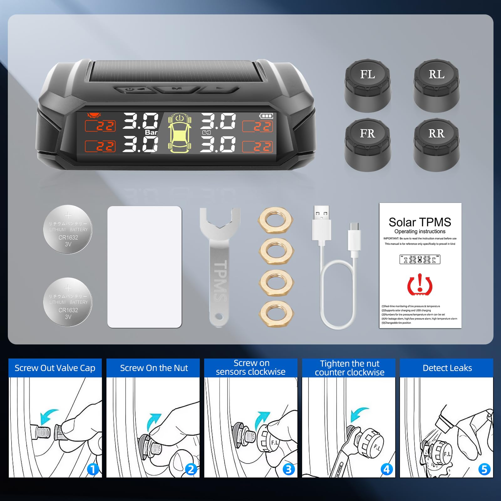 KAOLALI Sistema di controllo della pressione degli pneumatici, TPMS senza fili, 4 ruote, 3,5 bar/50 PSI Max, ricarica solare e magnetica, per camion, roulotte, autobus
