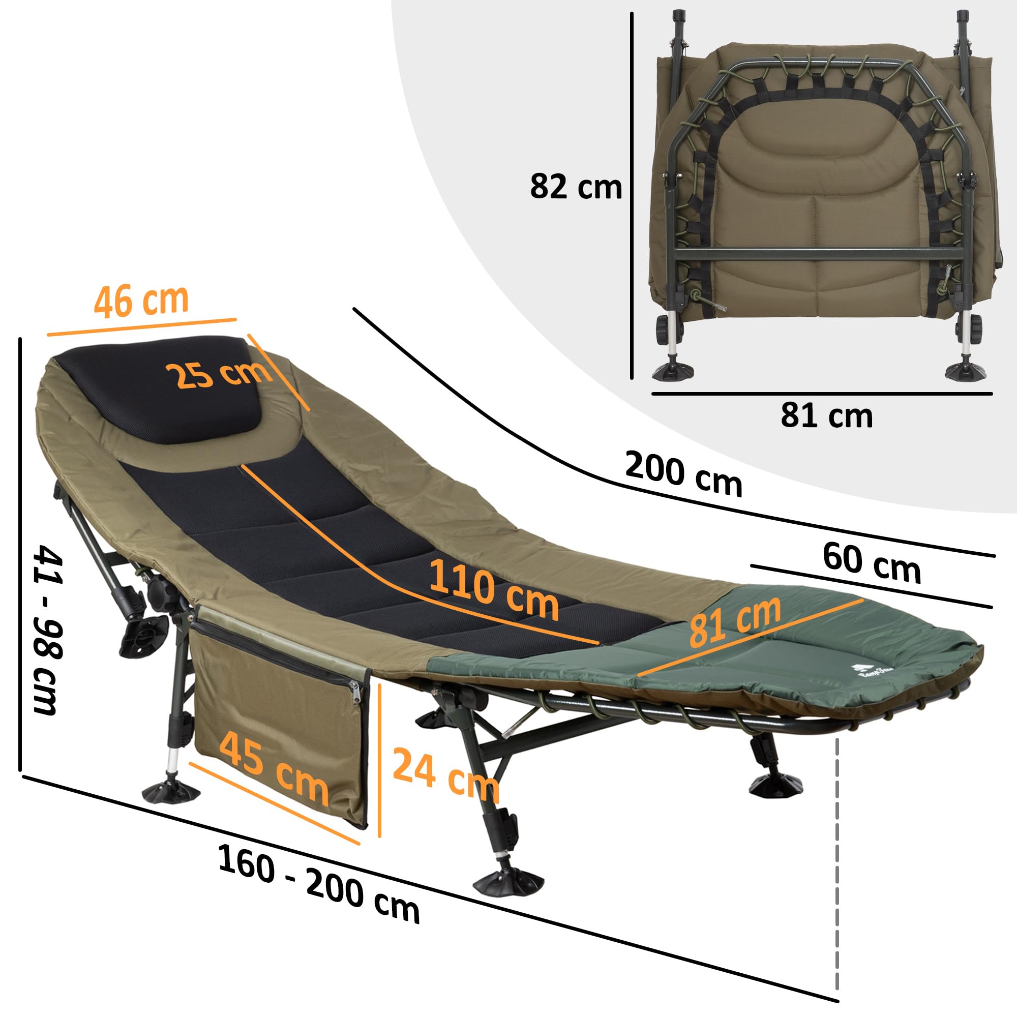 CampFeuer Karpfenliege XXL 200 x 81 x 41-98 cm | höhenverstellbare und stabile Karpfenliege mit 6 Beinen | faltbares Feldbett, Campingbett, Karpfenliegen, Feldbett bequem, Campingliege gepolstert