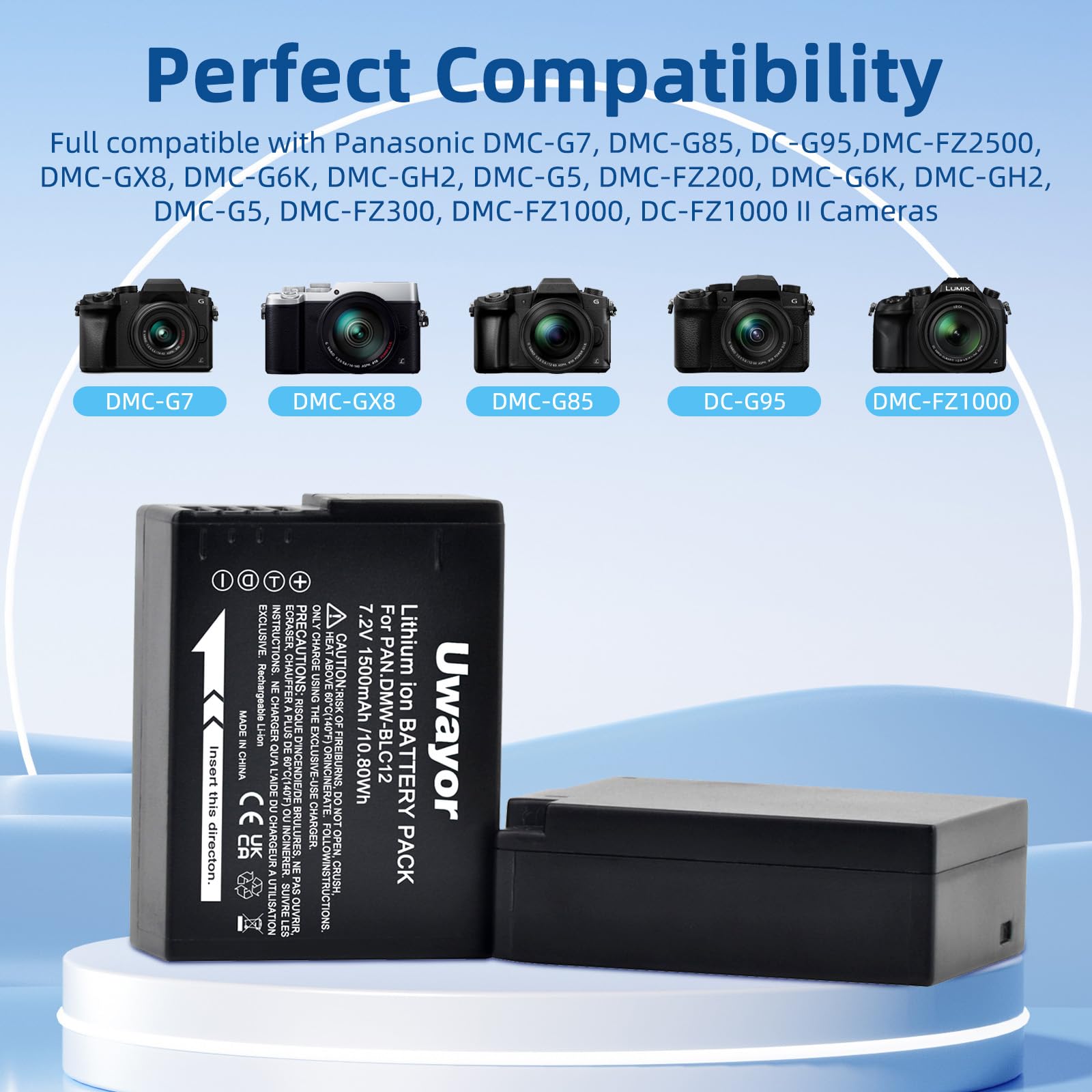 DMW-BLC12 DMW-BLC12PP Battery 2 Pack and Charger for Panasonic Lumix G7, G85, G95, FZ1000, FZ1000 II, GH2, G5, G6, GX8, FZ200, FZ300, FZ2500 Camera