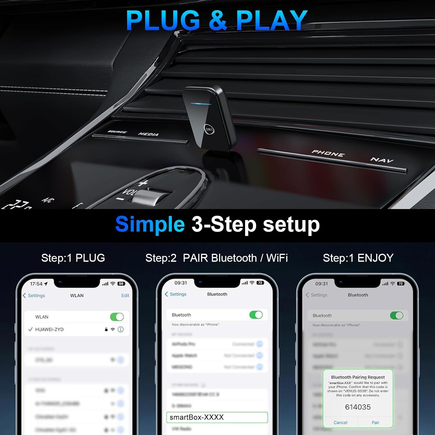 2025 Mini Carplay Wireless Adapter & Android Auto Dongle for iPhone Android,Upgrade Convert Wired to Wireless Car Play Adapter Fit for Factory OEM CarPlay Cars from 2016+,Auto Connect