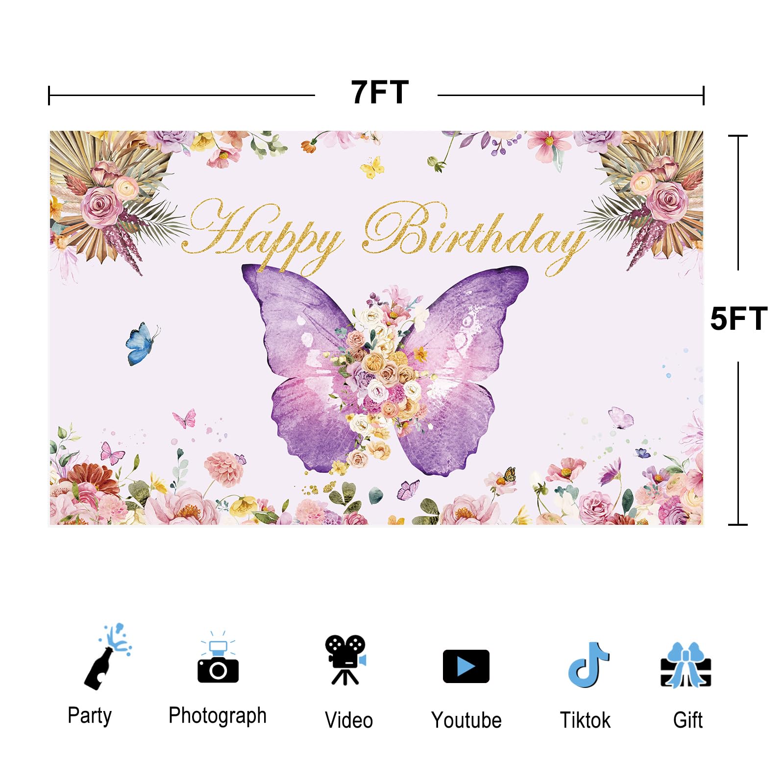 Happy Birthday Hintergrund 2,1x1,5 M – Lila Schmetterlinge & Blumen, Fotohintergrund Für Mädchengeburtstag