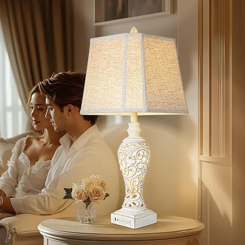 Miniatura 5 de Juego de 2 lámparas de mesa vintage, lámparas de noche de 28.5 pulgadas de alto con pantalla de tela, lámparas de mesita de noche de granja con