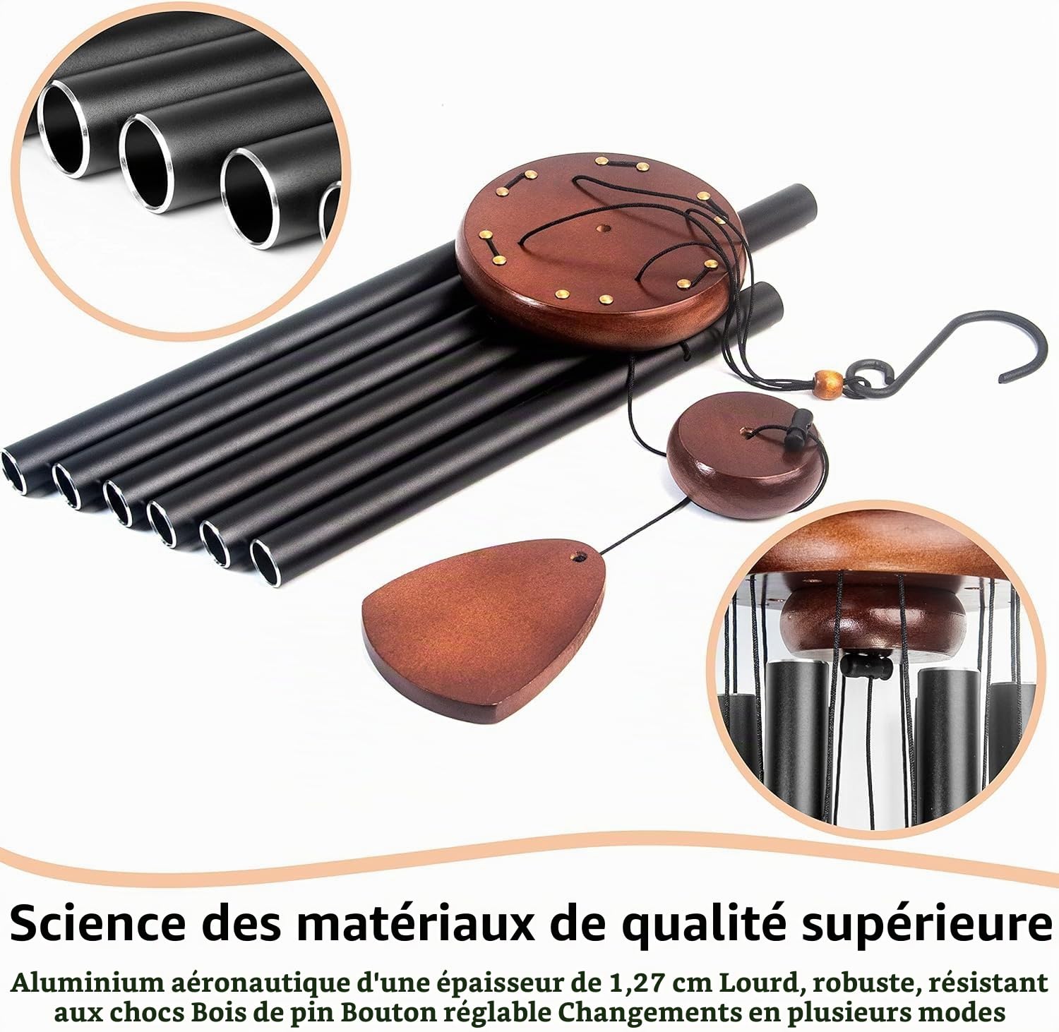Carillon à vent en aluminium de 65 cm - 6 tubes en métal - Carillon sonore pour extérieur, jardin, terrasse - Décoration avec attrape-vent - Noir classique