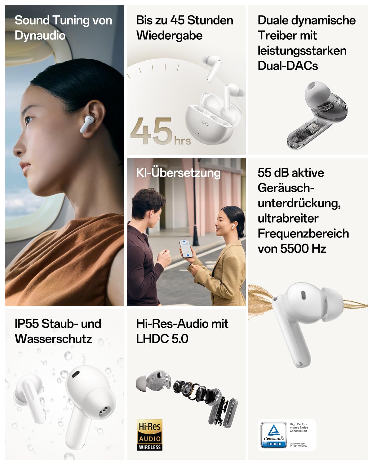 Oppo Enco X3s True Wireless Kopfhörer, Bluetooth 5.4 Dynaudio-Sound-Ohrhörer, 55dB Hybrid-ANC, LHDC 5.0 Hi-Res-Audio, 45 Stunden Spielzeit, IP55, Dual Dynamic Drivers, KI-Übersetzung, Nebula Silver