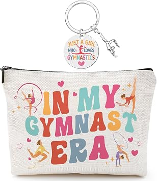 Gymnastics Gifts for Girls - 2 Pcs Makeup Bag and Keychain Set Portable Gymnast Accessories Aesthetic Toiletry Pouch New Year Party Birthday Gift for Daughter Friend Sister Niece Bestie