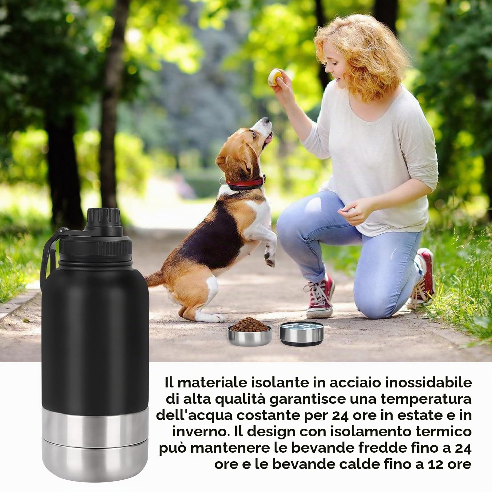 Borraccia per cani da viaggio, 950 ml, isolata, in acciaio inox, con ciotola e ciotola per acqua, portatile, senza BPA, per viaggi, passeggiate e attività all'aperto (nero, L)