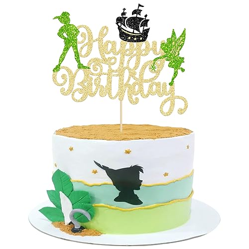 Gyufise 1 pieza de decoración de pastel de feliz cumpleaños con purpurina de elfo de hadas Never Grow Up P Pan para temática de Neverland Baby