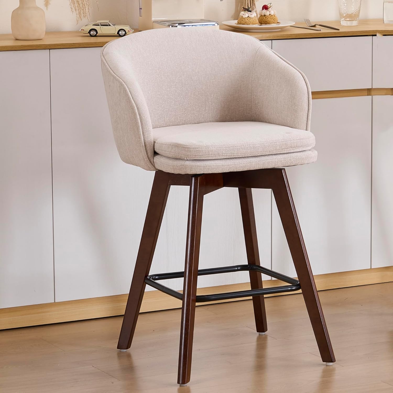 Kidol & Shellder Swivel Bar Stools 27" Counter Height Barstools for Kitchen Island, Fabric Upholstered Bar Chairs with Wood Legs, Modern Bar Armchair for Kitchen, Dining Room Beige