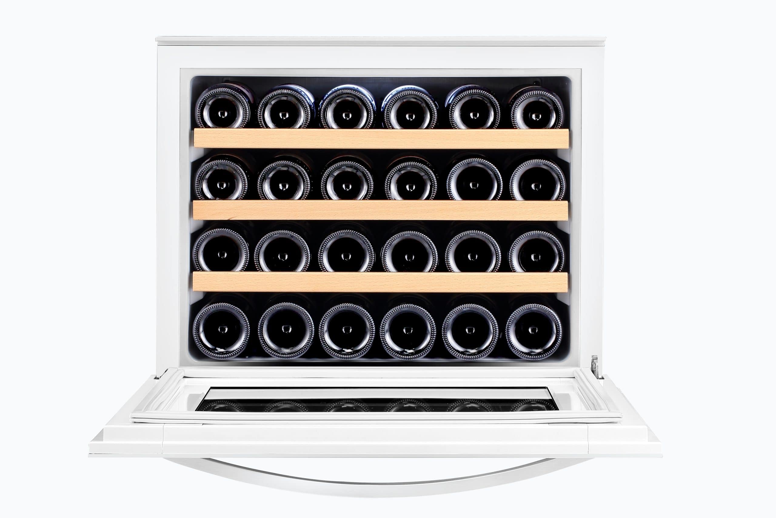 LV22W Weißer Einbau-Weinkühlschrank - 2 Zonen - Vollglas-Designtür, 22 Flaschen, 41 dB, 60 cm breit und 3 ausziehbare Schubladen aus Buchenholz